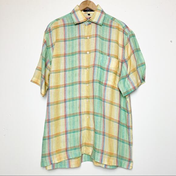 Alan Flusser Linen Yellow Green Summer Plaid Button Up Shirt Men’s Size Medium - Picture 1 of 10